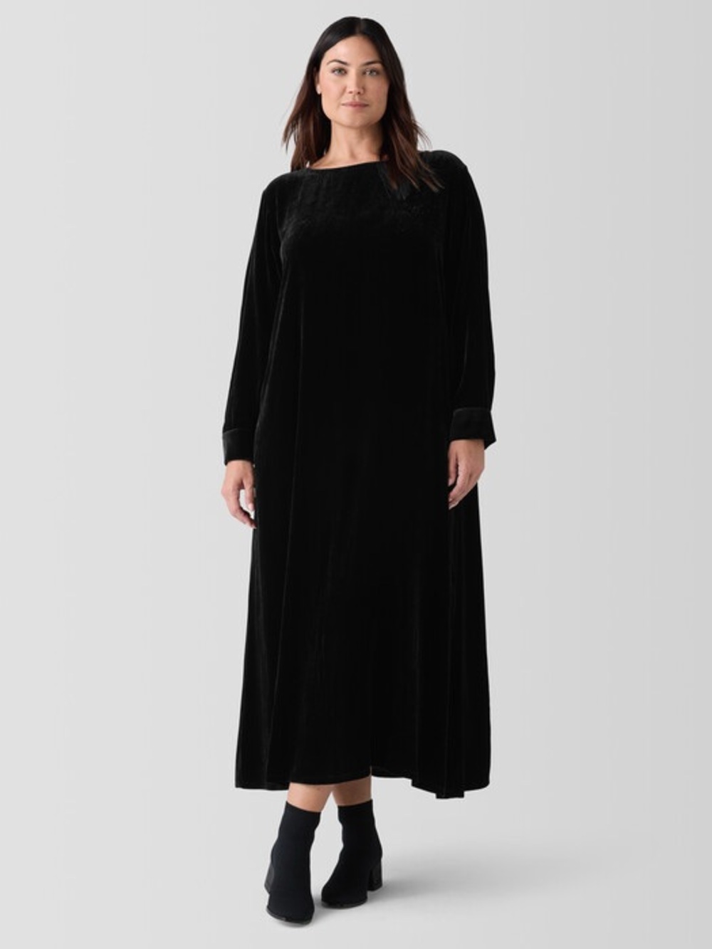 Eileen Fisher L Silk Blend Black Velvet Long Sleeve Maxi Dress